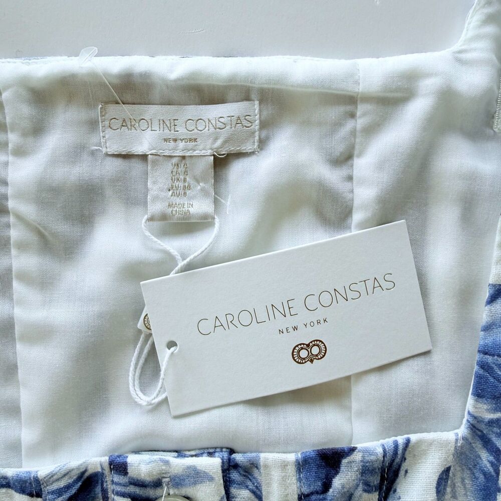 NEW Caroline Constas Button Front Hibiscus Tile Dress in Blue & White Size 4 - Picture 6 of 11